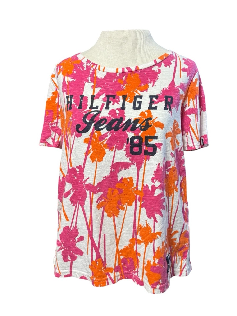 Tommy Hilfiger White Tee with Pink & Orange Palm Print